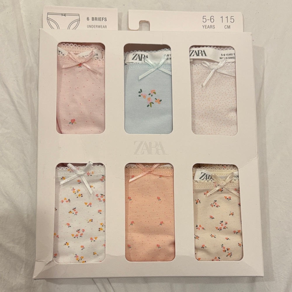 Zara Girls 6-Pack Pastel Floral Briefs - Pink, Blue, Peach, Cream, White